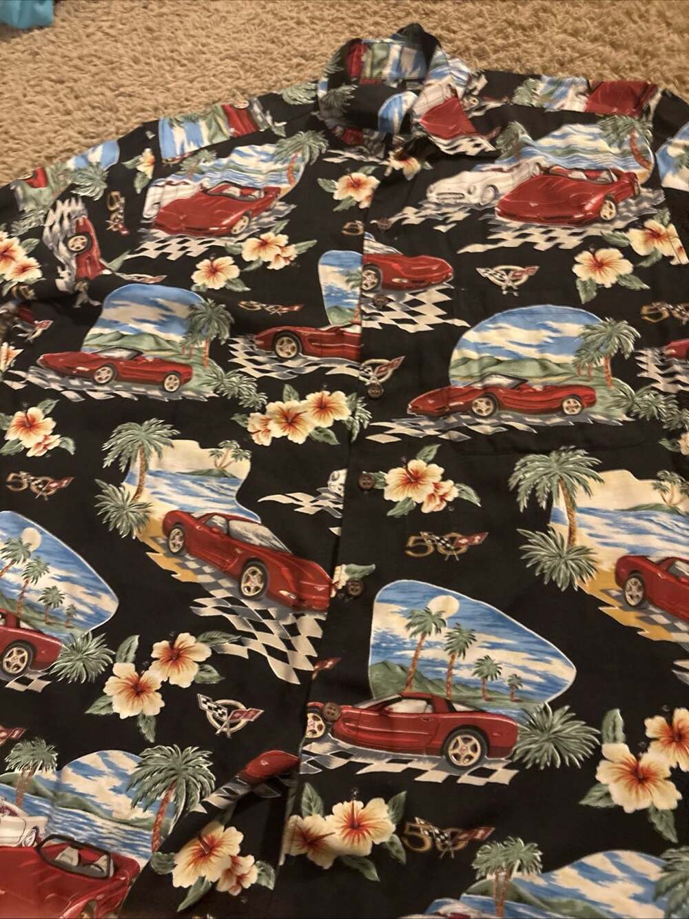 Reyn Spooner Corvette 50th Anniversary Hawaiian Shirt Size L Black